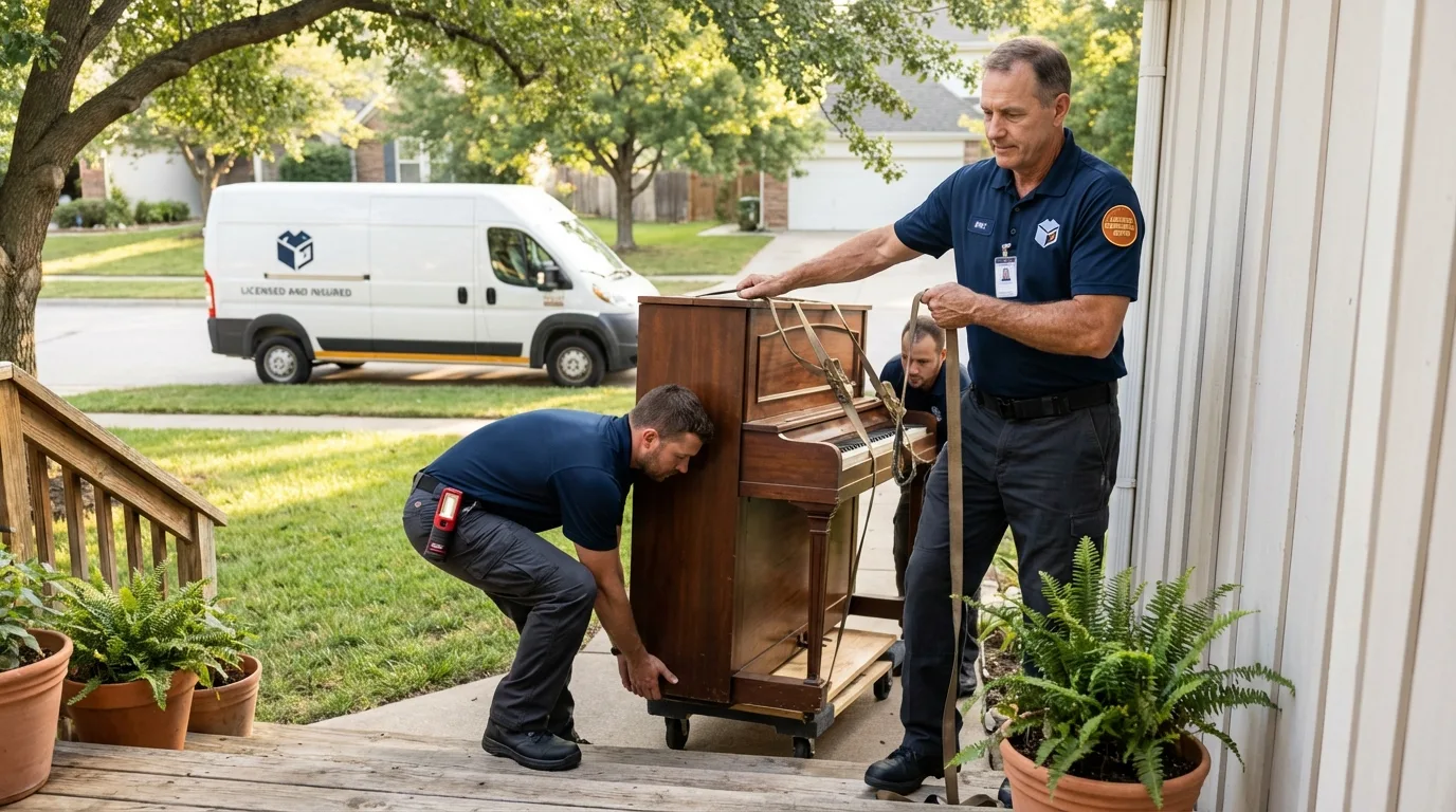 Licensed piano movers securing grand piano in Leominster, MA