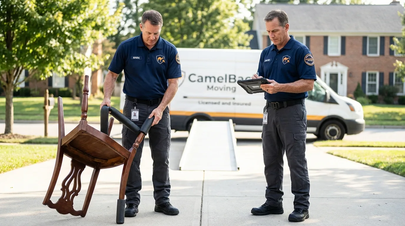 Movers inspecting furniture for damage prevention before loading in Leominster, MA