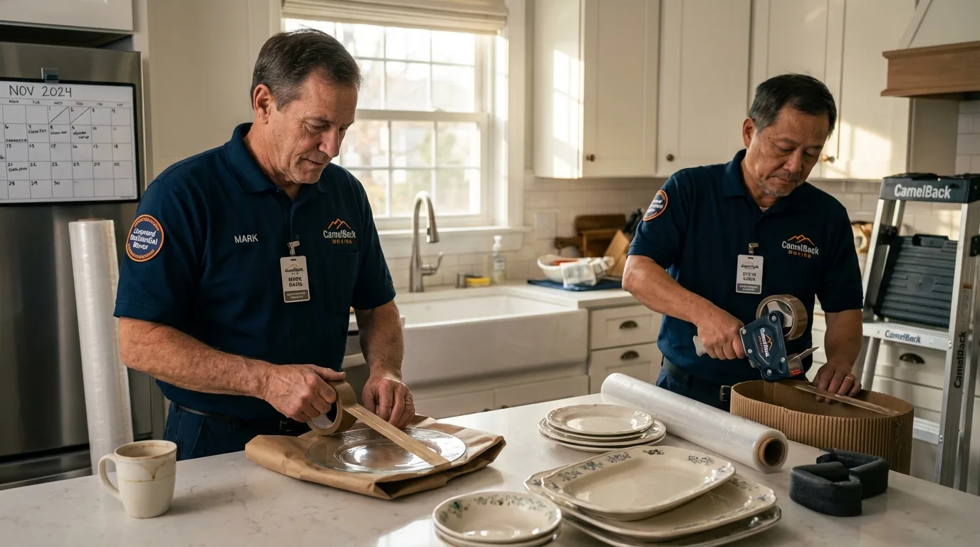 Professional crew packing kitchen dishware in Leominster, MA